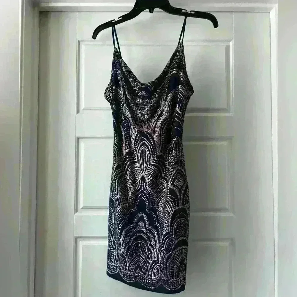 Navy and Rose Gold fitted dress with cowl neckline in women’s size small - Picture 1 of 5